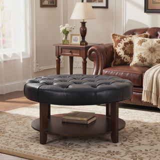 Sunvega Round Ottoman with Faux Leather Upholstery and Open Shelf for Living Room