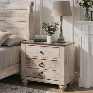 Sunvega Queen Size White Wash Finish Sleigh Bed and Two Nightstands with Antique Walnut Trim