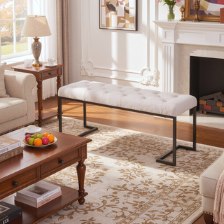 Sunvega Upholstered Button Tufted Ottoman Bench with Polished Metal Legs