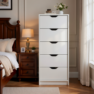 Sunvega White 5 Drawer Tall Dresser with Pull Out System Compact Size