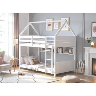 Sunvega Twin Over Twin House Floor Bunk Bed with Headboards Footboards Guardrails and Ladder