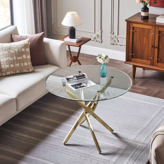Sunvega Round Clear Tempered Glass Dining Table with Gold Finish Stainless Steel Legs