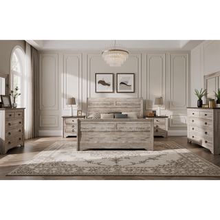 Sunvega White Wash Finish King Sleigh Bed Dresser Mirror Nightstands and Chest