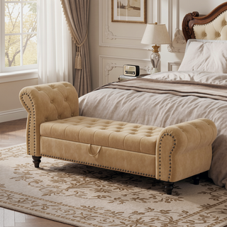 Sunvega Tufted Velvet Upholstered Bed Bench with Storage and High Backrest Chaise Lounge