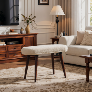 Sunvega Handwoven Cotton and Solid Mango Wood Upholstered Boucle Bench