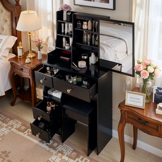 Sunvega Small Size Left Drawer Vanity Table with Cushioned Stool and Sliding Mirror