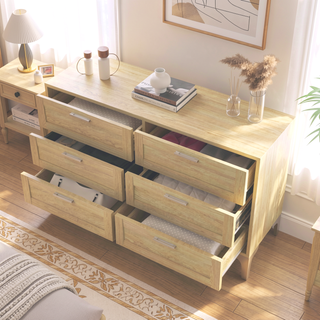 Sunvega 6 Drawer Wood Dresser with Polished Silver Legs and Light Oak Veneer