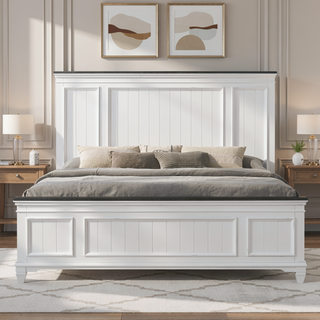 Sunvega King Bed and 2 Nightstands Set with Shiplap Panel and Modern Farmhouse Style
