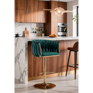 Sunvega Set of 2 Swivel Adjustable Bar Stools with Chrome Footrest and Navy Velvet