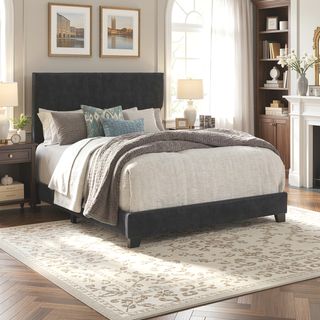 Sunvega Midcentury Modern Queen Size Bed with Upholstered Headboard and Footboard