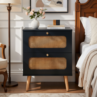 Sunvega Rattan Nightstand with Two Handmade Decorated Drawers for Bedroom and Living Room