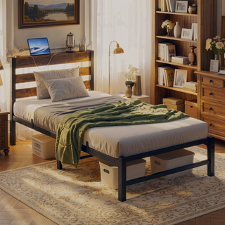 Sunvega Twin Size Heavy Duty LED Bed Frame with USB Charging and Headboard