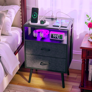 Sunvega Modern Nightstand with Charging Station USB LED Light and Fabric Drawers