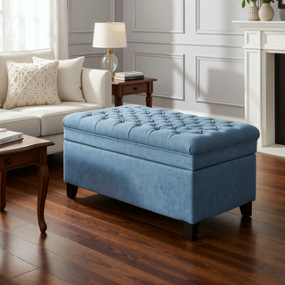 Sunvega Blue Fabric Storage Ottoman with Birch Legs for Living Room Seating