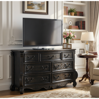 Sunvega Dark Brown Dresser with Antique Finish and Seven French Dovetail Drawers