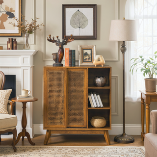 Sunvega Mid Century Modern Rattan Sideboard Cabinet with Adjustable Shelves and Solid Wood Feet