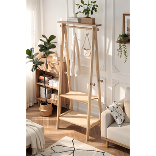Sunvega Natural Finish Standing Garment Rack with Shelves and Knob Hooks