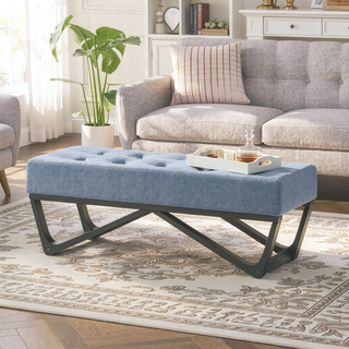 Sunvega Modern Ottoman Bench with Button-Tufted Waffle Stitch and Geometric Legs