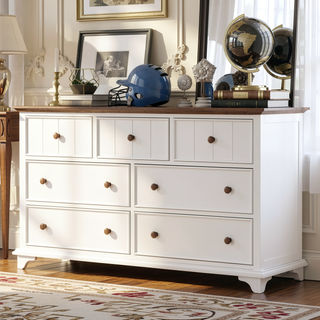Sunvega Retro White and Walnut Wooden Seven-Drawer Dresser for Bedroom Storage