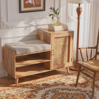 Sunvega Solid Mango Wood Bench Unit with Cushioned Seat and Storage Cabinet
