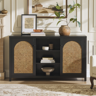 Sunvega Transitional 58-Inch Sideboard with Arched Rattan Door Panels