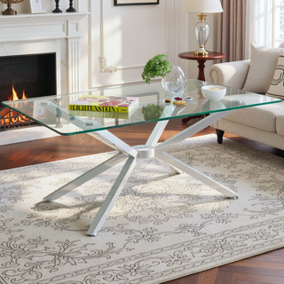Sunvega Modern 39.37" Rectangular Clear Tempered Glass Coffee Table with Black Metal Legs