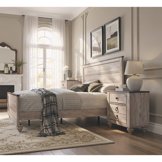 Sunvega White Wash Finish Queen Bed and Two Nightstands with Antique Walnut Trim