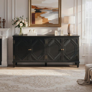 Sunvega Mid Century Modern Sideboard Buffet Cabinet with Spacious Storage and Geometric Accent