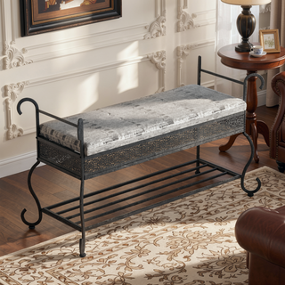 Sunvega Upholstered Entryway Bench with Open Undershelf for Shoe Storage
