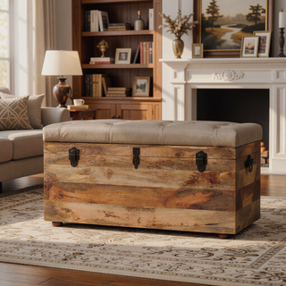 Sunvega Buffalo Hide Leather Storage Trunk in Beige Handcrafted from Solid Mango Wood