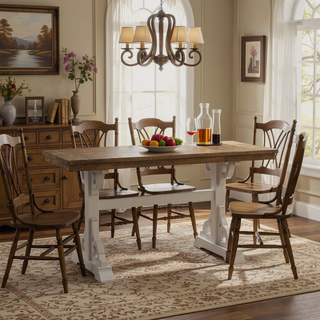 Sunvega Farmhouse Style Brown and White Trestle Gathering Table for Dining Room