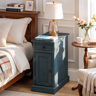 Sunvega Antique Blue Solid Wood Veneer Traditional Side Table for Living Room
