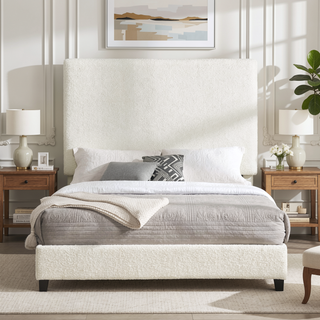 Sunvega Queen Size White Boucle Upholstered Platform Bed with Padded Headboard