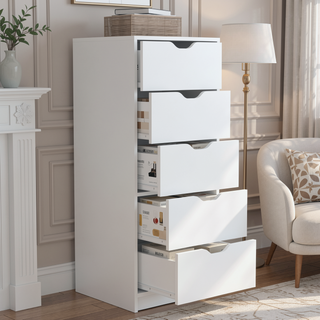 Sunvega 5 Drawer Tall Dresser with Pull Out System in Fine White Finish