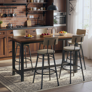 Sunvega Industrial Long Bar Table Set with 3 PU Upholstered Stools for Kitchen