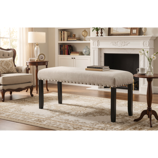 Sunvega Tan Linen and Cotton Fabric Dining Bench with Nailhead Trim