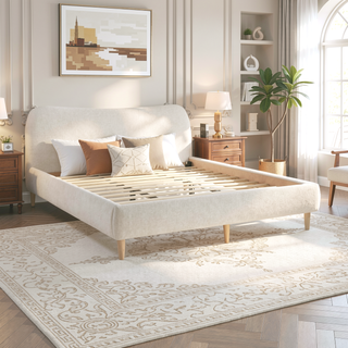 Sunvega King Upholstered Platform Bed with Curved Headboard in Oatmeal Chenille