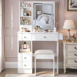 Sunvega Small Size Left Drawer Vanity Table with Adjustable LED Mirror and Stool