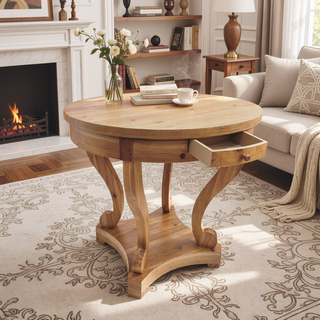 Sunvega Small Round Natural Wood Side Table with Two Storage Drawers