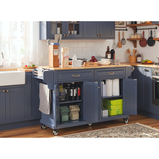 Sunvega Kitchen Cart with Rubber Wood Countertop Storage Cabinet and 2 Drawers