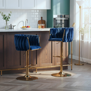 Sunvega Set of 2 Swivel Adjustable Bar Stools with Chrome Footrest and Navy Velvet