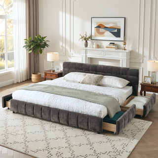 Sunvega Modern King Size Upholstered Bed with Storage Drawers and Soft Chenille Fabric