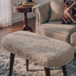 Sunvega Handwoven Cotton and Solid Mango Wood Upholstered Boucle Bench