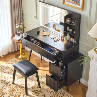 Sunvega Makeup Vanity Desk with LED Lights Mirror 4 Drawers Dressing Table Stool