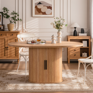 Sunvega Modern Oval Dining Table with 2-Layer Storage Shelf and Wood Slide Door