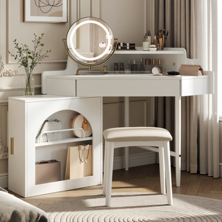 Sunvega White Corner Makeup Vanity Desk With Folding Mirror LED Lights And Stool