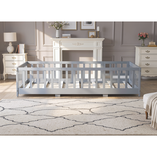 Sunvega Natural Rubber Wood Twin Size Floor Bed with Safety Guardrails and Door