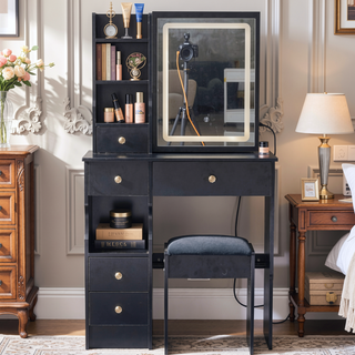 Sunvega Small Size Left Drawer Desktop Vanity Table with Cushioned Stool and Adjustable LED Mirror