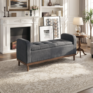 Sunvega Solid Wood Walnut Finish Tufted Dark Gray Upholstered Storage Bench with Lift Top