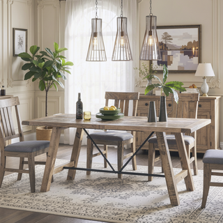Sunvega Country-Inspired Solid Wood Dining Table with Metal Stretchers Seats 6